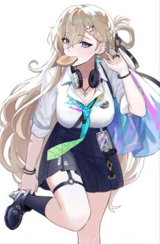 1girl absurdres adjusting_footwear black_skirt blonde_hair braid braided_bangs bread bread_slice breasts cleavage commentary earrings english_commentary food food_in_mouth hair_between_eyes hair_ornament headphones headphones_around_neck highres id_card jewelry large_breasts looking_at_viewer lynae_(wuthering_waves) mouth_hold purple_eyes shirt simple_background skirt skull_hair_ornament solo star_(symbol) star_earrings toast toast_in_mouth veri white_background white_shirt wuthering_waves