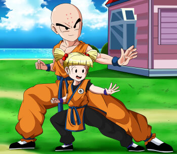 1boy 1girl absurdres bald bald_male black_eyes blonde_hair cloud cloudy_sky dragon_ball father_and_daughter fighting_stance happy highres kuririn marron_(dragon_ball) martial_arts muscular muscular_male serious sky smile train training
