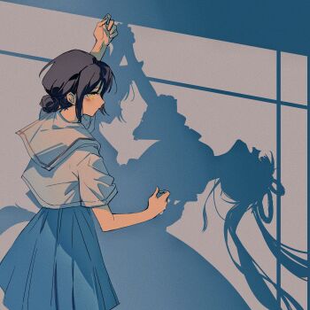 Rule 34 | 1girl, arm up, black hair, blue skirt, chinese commentary, cho kaguya-hime!, closed mouth, commentary request, cowboy shot, different shadow, e-fa-dorn, hair bun, highres, leaning back, pleated skirt, profile, runami yachiyo, sailor collar, sakayori iroha, school uniform, serafuku, shadow, shirt, short hair, short sleeves, silhouette, single hair bun, skirt, standing, white shirt, window shadow, yellow eyes