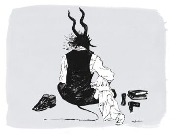 1boy 1girl body_fur book boots child commentary_request dress from_behind furry furry_male grey_background greyscale holding holding_book horns indian_style lying monochrome nagabe on_stomach reading sensei_(totsukuni_no_shoujo) shiva_(totsukuni_no_shoujo) shoes simple_background sitting tail totsukuni_no_shoujo unworn_shoes vest