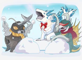 antennae beak blue_eyes building_snowman chibi compound_eyes crossover drill gem gem_on_head gigan godzilla_(series) godzilla_vs._megalon_(1973) godzilla_x_kong:_the_new_empire hook_hand horns iero-glasses kaiju king_kong_(series) legendary_pictures mandibles megalon monster monsterverse motion_lines no_humans one-eyed red_eyes ribbon scarf sharp_teeth shimo_(monsterverse) snow snowing spiked_tail spikes tail tail_wagging teeth thagomizer toho tongue vapor wings yellow_eyes