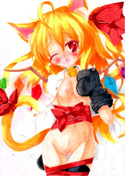 1girl ahoge animal_ears bad_id bad_pixiv_id blonde_hair cat_ears cat_girl cat_tail female_focus flandre_scarlet highres kemonomimi_mode looking_at_viewer nagai_wataru naked_ribbon nude open_mouth pussy red_eyes ribbon solo tail touhou uncensored wince