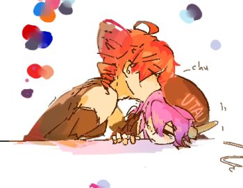 beret black_eyes black_shirt blush detached_sleeves drill_hair expressionless grey_shirt hat highres kasane_teto kasane_teto_(utau) kissing_head purple_hair red_hair shirt twin_drills utane_uta utau yyyyy202135