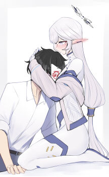 1boy 1girl absurdres black_hair blu_berry blue_archive blush bodysuit collared_shirt commentary doodle_sensei_(blue_archive) ear_blush earclip elf english_commentary halo head_hug head_on_chest hetero highres himari_(blue_archive) himari_(bodysuit)_(blue_archive) hug jacket jacket_partially_removed kneeling long_hair mole mole_under_eye multicolored_halo official_alternate_costume paper_on_head pointy_ears purple_eyes sensei_(blue_archive) shirt two-tone_halo white_bodysuit white_halo white_shirt