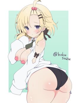 Rule 34 | 1girl, areola slip, ass, assault lily, bangs pinned back, bare shoulders, black bow, black panties, blonde hair, blush, border, bow, braid, braided bangs, breasts, clothing cutout, collared shirt, commentary request, covered erect nipples, cowboy shot, from behind, green background, green necktie, hair between eyes, hair bobbles, hair bow, hair ornament, heart pasties, hibino waku, highres, leaning forward, long sleeves, looking at viewer, looking back, medium breasts, medium hair, misaki naoe, necktie, open clothes, open shirt, outside border, panties, parted lips, pasties, purple eyes, raised eyebrows, school uniform, shirt, short necktie, shoulder cutout, simple background, sleeve bow, sleeves past fingers, sleeves past wrists, solo, standing, trefoil, twitter username, underwear, white border, white shirt