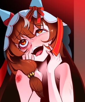 1girl absurdres animal_ears blood blood_on_arm bow commentary_request ear_ribbon eyelid_pull hair_between_eyes heart heart-shaped_pupils highres horse_ears horse_girl jukcok9898 long_hair looking_ahead nosebleed nude open_mouth red_eyes red_hair red_ribbon ribbon scratches smeared_blood smile solo still_in_love_(umamusume) symbol-shaped_pupils tears tongue tongue_out umamusume uneven_eyes veil very_long_hair white_veil yandere