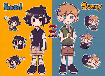 2boys :&gt; animal antenna_hair arrow_(symbol) basil_(faraway)_(omori) basil_(omori) black_eyes black_hair black_shoes black_sweater_vest blonde_hair blue_background blue_eyes blush book bright_pupils brown_shorts camera cat character_name chibi closed_mouth collared_shirt commentary cosplay costume_switch double-parted_bangs eighth_note english_commentary eye_color_switch flower flower_pot food fork goodluck_4444 green_sweater_vest hair_between_eyes hair_color_switch hair_flower hair_ornament heart highres holding holding_animal holding_book holding_camera holding_cat holding_fork holding_knife holding_watering_can knife looking_at_viewer male_focus mewo multiple_boys musical_note omori orange_background photo_(object) plant plate potted_plant shirt shoes short_hair short_sleeves shorts sleeping smile socks something_(omori) speech_bubble spoken_musical_note spoken_thumbs_up steak sunny_(omori) sweatdrop sweater_vest tulip two-tone_background watering_can white_flower white_pupils white_shirt white_socks white_tulip zzz