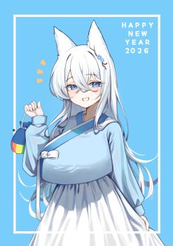 1girl 2026 absurdres animal_ears aqua_shirt blue_background blue_eyes breasts commentary_request cropped_shirt crossed_bangs flower grey_hair hair_between_eyes hair_flower hair_ornament hanbok happy_new_year highres jinggun korean_clothes korean_commentary large_breasts long_hair long_sleeves looking_at_viewer new_year notice_lines original shirt shirt_overhang simple_background skirt solo straight_hair very_long_hair white_skirt