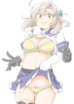 1girl akara_kai antenna_hair bra breasts clothes_lift cowboy_shot disembodied_hand embarrassed forced_exposure gluteal_fold green_eyes grey_hair highres kantai_collection kinugasa_(kancolle) kinugasa_kai_ni_(kancolle) long_hair medium_breasts necktie one-hour_drawing_challenge one_side_up open_mouth panties sailor_collar school_uniform serafuku skirt skirt_lift thighhighs underwear white_background yellow_bra yellow_necktie yellow_panties