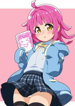 black_thighhighs coat love_live! love_live!_nijigasaki_high_school_idol_club mizusaki_johnko open_clothes open_coat panties pink_hair plaid_clothes plaid_skirt skirt tennoji_rina thighhighs underwear white_panties