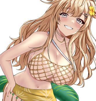 1girl blonde_hair breasts cleavage cowboy_shot flower grey_eyes hair_flower hair_ornament highres kantai_collection large_breasts mesh minneapolis_(kancolle) minneapolis_(swimsuit)_(kancolle) montemasa navel no_bra official_alternate_costume partially_undressed sarong simple_background solo two_side_up white_background yellow_sarong