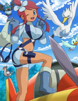 10s 1girl aircraft airplane belt blue_boots blue_eyes blue_sky boots breasts cloud day ducklett female_focus gen_5_pokemon gloves goggles gym_leader hair_ornament heart knee_boots large_breasts leg_lift looking_at_viewer midriff mountain navel nintendo one_eye_closed pokemoa pokemon pokemon_(creature) pokemon_bw propeller red_hair shorts sky skyla_(pokemon) smile solo standing standing_on_object swanna swoobat thigh_strap tranquill vehicle wink