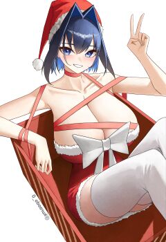 1girl absurdres alternate_costume blue_eyes blue_hair blush box breasts chest_bow cleavage collarbone commentary dress fur-trimmed_dress fur-trimmed_headwear fur_trim hair_intakes hat highres hololive hololive_english huge_breasts in_box in_container knees_up kuraodo_0 looking_at_viewer ouro_kronii reclining red_dress red_hat red_ribbon ribbon santa_costume santa_dress santa_hat short_dress short_hair simple_background sleeveless sleeveless_dress smile solo strapless strapless_dress teeth thighhighs twitter_username v virtual_youtuber white_background white_thighhighs wrapped