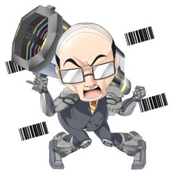 Rule 34 | 1boy, balding, barcode, black-framed eyewear, black hair, black jacket, black pants, buttons, character request, chibi, comb over, commentary request, formal, full body, glasses, hop step jumpers, jacket, lets0020, male focus, mechanical arms, necktie, opaque glasses, open mouth, pants, rectangular eyewear, salaryman, short hair, shoulder cannon, simple background, solo, striped necktie, suit, transparent background, v-shaped eyebrows, very short hair, yellow necktie