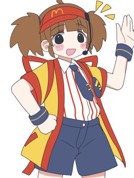 1girl ahoge black_eyes blue_necktie blue_shorts blush_stickers brown_hair commentary_request cowboy_shot gumakara hand_on_own_hip headset highres imadake_dabuchi_tabemi mcdonald&#039;s necktie open_mouth shorts smile solo twintails visor_cap wrist_cuffs yellow_happi