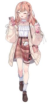 1girl ^_^ absurdres bag braid brown_shoes brown_skirt cable_knit cardigan closed_eyes commentary cup disposable_cup fang heart heart_o-ring highres holding holding_cup holding_phone igarashi_rika igarashi_rika_(3rd_costume) long_hair long_sleeves multicolored_hair nijisanji o-ring o-ring_thigh_strap open_cardigan open_clothes open_mouth orange_hair phone plaid_clothes plaid_skirt shirt shoes shoulder_bag simple_background single_braid skirt sleeves_past_wrists smile socks solo spoon_(tamakakama) streaked_hair thigh_strap two-tone_hair virtual_youtuber walking white_background white_hair white_shirt white_socks