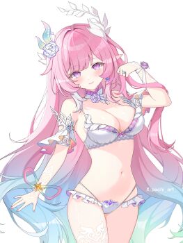 1girl absurdres alternate_costume amphoreus_(honkai:_star_rail) aqua_hair armlet bare_shoulders blue_hair blush bow bow_bra bra breasts chinese_commentary cleavage closed_mouth commentary_request cowboy_shot cyrene_(honkai:_star_rail) cyrene_(ripples_of_past_reverie)_(honkai:_star_rail) diamond-shaped_pupils diamond_(shape) fingernails flower frilled_panties frills hair_flower hair_ornament hand_up highres honkai:_star_rail honkai_(series) jewelry large_breasts long_hair looking_at_viewer multi-strapped_panties nail_polish navel pachi_hsieh panties pink_hair pink_nails purple_eyes purple_flower purple_rose ring rose simple_background smile solo stomach symbol-shaped_pupils thighs underwear underwear_only very_long_hair white_background white_bra white_panties