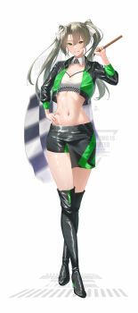 1girl absurdres bandeau c2_race_queen_uniform checkered_flag cropped_jacket flag green_hair green_jacket green_skirt hair_ribbon highres holding holding_flag jacket kantai_collection long_hair looking_at_viewer midriff multicolored_skirt navel race_flag race_queen ribbon shushan skirt solo thighs twintails two-tone_skirt white_bandeau zuikaku_(kancolle)