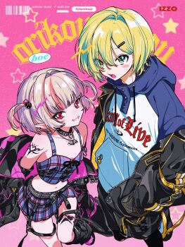 Rule 34 | 1boy, 1girl, bat necklace, belt, black belt, black choker, black jacket, blonde hair, brown hair, cherichuxx, choker, clothes writing, crop top, green eyes, hair between eyes, hair bobbles, hair ornament, hairclip, highres, hood, hood down, hoodie, jacket, looking at viewer, makaino ririmu, makaino ririmu (6th costume), midriff, miniskirt, multicolored hair, navel, nijisanji, off shoulder, official alternate costume, pink background, plaid clothes, plaid skirt, pleated skirt, pointy ears, red eyes, short hair, skirt, smile, star (symbol), streaked hair, tattoo, two side up, uzuki kou, uzuki kou (5th costume), virtual youtuber, winged heart, winged heart tattoo