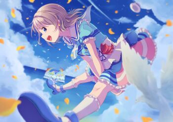 1girl :d arms_between_legs blue_dress blue_eyes blue_necktie blue_shoes blue_sky blurry blurry_background breasts cloud collared_dress commentary day depth_of_field dress frilled_dress frilled_socks frills from_side grey_hair highres kimi_no_kokoro_wa_kagayaiteru_kai? looking_at_viewer love_live! love_live!_sunshine!! macken666 medium_breasts midair necktie official_alternate_costume open_mouth outdoors profile puffy_short_sleeves puffy_sleeves rounded_collar shoes short_dress short_hair short_sleeves sky smile socks solo stage teeth upper_teeth_only watanabe_you white_socks