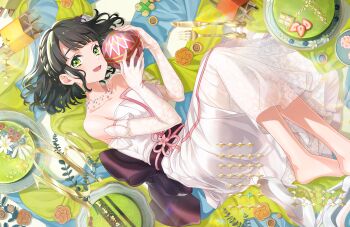 1girl andon back_bow ball bare_shoulders barefoot black_bow black_hair black_sash blueberry bow braid breasts cake candy chocolate chocolate_bar collarbone dated dress elbow_gloves flower flower_knot food fork frilled_gloves frills fruit full_body game_cg gloves green_eyes high_heels highres holding holding_ball lace lace_gloves lens_flare link!_like!_love_live! looking_at_viewer love_live! lying matcha_(food) medium_breasts momose_ginko momose_ginko_(17th_birthday) nerikiri non-web_source obi obijime official_art on_side raspberry sash shoes short_hair side_braids sideways solo strapless strapless_dress strawberry strawberry_slice table_knife temari_ball unworn_shoes virtual_youtuber wagashi white_dress white_flower white_gloves white_shoes