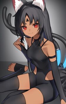 1girl absurdres animal_ear_fluff animal_ears barcode barcode_tattoo bare_shoulders black_hair black_unitard cable cable_tail cat_ears cat_girl cat_tail facial_mark feet forehead_mark forehead_tattoo grey_background highres light_smile long_hair mechanical_tail multiple_tails nekomiya_mana on_floor red_eyes sitting solo tail tattoo thomas_8000 toeless_legwear toes triangle triangle_facial_mark two_tails zenless_zone_zero