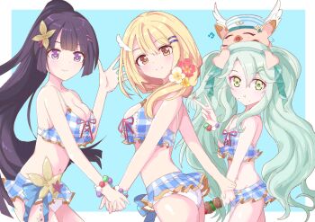3girls absurdres animal_ears bikini bikini_skirt black_hair blonde_hair breasts clear_(princess_connect!) clear_(princess_connect!)_(cosplay) clear_(summer)_(princess_connect!) cosplay food green_eyes green_hair highres holding holding_hands holding_skewer large_breasts lily_(princess_connect!) long_hair meat multiple_girls navel pig pig_ears pig_girl ponytail precia_(princess_connect!) princess_connect! purple_eyes skewer smile swimsuit twintails v yamada_(hvcij) yellow_eyes