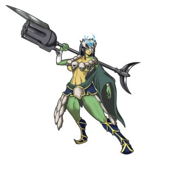 1girl armor digimon digimon_(creature) evolution female_focus full_body highres looking_at_viewer original shawujinmon simple_background skull solo standing