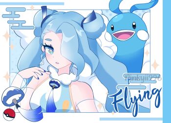 1girl 1other absurdres altaria bare_shoulders bird blue_bird blue_eyes blue_hair blue_nails breasts collarbone detached_sleeves flying_miku_(project_voltage) gen_3_pokemon hair_over_one_eye hatsune_miku highres long_sleeves looking_at_viewer medium_breasts nintendo official_alternate_costume official_alternate_hairstyle open_mouth pinkyii996 poke_ball pokemon project_voltage see-through_clothes see-through_sleeves shirt sleeveless sleeveless_shirt smile upper_body vocaloid