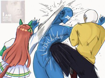 Rule 34 | 1girl, animal ears, attack, black pants, charles barkley, commentary, ear covers, english commentary, highres, horse ears, horse girl, horse tail, johnholl0w, jujutsu kaisen, kneeing, long hair, long sleeves, meme, orange hair, pants, peta (organization), pleated skirt, punching, shirt, silence suzuka (innocent silence) (umamusume), silence suzuka (umamusume), skirt, t-head trainer (umamusume), tail, trainer (umamusume), umamusume, white shirt, white skirt, yellow shirt