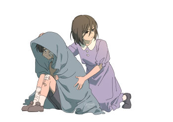 1boy 1girl absurdres aged_down bandage_on_face bandage_on_knee bandages black_hair blanket bob_cut brown_hair child collared_shirt criteria crying crying_with_eyes_open curled_up dress han_sooyoung hand_on_another&#039;s_head hand_on_another&#039;s_hip highres holding holding_blanket kim_dokja kneeling narrowed_eyes oldest_dream omniscient_reader&#039;s_viewpoint purple_dress shirt short_hair sitting sitting_in_shadow tears vest white_shirt yellow_vest