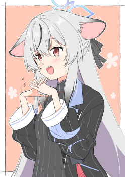 1girl :o absurdres akane_souichi animal_ear_fluff animal_ears black_dress black_jacket black_ribbon black_streaks blue_archive blue_halo blush border breasts cherry_blossoms china_dress chinese_clothes collared_dress colored_tips commentary_request dot_nose dress ears_down flying_sweatdrops from_side gradient_hair gradient_halo grey_hair hair_between_eyes hair_intakes hair_ribbon halo hands_up highres jacket kokona_(blue_archive) long_hair long_sidelocks long_sleeves looking_afar multicolored_hair multicolored_halo open_clothes open_jacket open_mouth outside_border partial_commentary pink_background pink_eyes purple_halo ribbon sidelocks simple_background single_bare_shoulder single_off_shoulder small_breasts smile solo standing steepled_fingers streaked_hair striped_clothes striped_dress striped_jacket teeth tiger_ears tiger_girl upper_teeth_only vertical-striped_clothes vertical-striped_dress vertical-striped_jacket very_long_hair white_border wide_sleeves