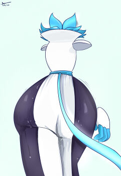 absurdres blue_hair cable cable_tail dark_skin deltarune electric_plug electric_plug_tail highres mechanical_tail pachalt rayman_limbs sweat tail tasque_manager utdr_(toby_fox) very_sweaty