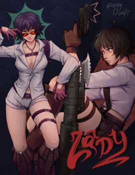 1girl artist_name black_hair breasts brown_gloves character_name cleavage devil_may_cry devil_may_cry_(series) devil_may_cry_3 devil_may_cry_4 gloves green_eyes gun handgun heterochromia highres holding holding_gun holding_weapon jacket kalina_ann_(weapon) lady_(devil_may_cry) midriff no_bra red_eyes rocket_launcher rodrydumpz scar scar_on_face scar_on_nose shirt short_hair shorts signature tinted_eyewear weapon white_jacket white_shirt white_shorts
