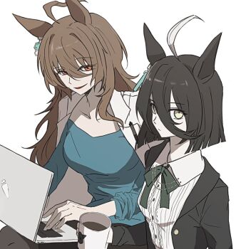 2girls agnes_tachyon_(umamusume) ahoge alternate_hairstyle animal_ears black_hair black_jacket bob_cut bow bowtie brown_hair coat collared_shirt commentary_request computer cup drunkson dyed_ahoge expressionless green_bow green_bowtie hair_between_eyes horse_ears horse_girl jacket korean_commentary long_hair long_sleeves looking_at_viewer manhattan_cafe_(umamusume) mug multiple_girls red_eyes shirt short_hair smile umamusume yellow_eyes