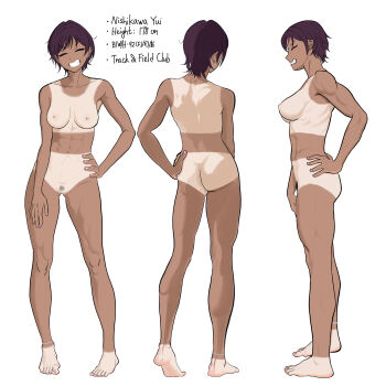 1girl absurdres anklet ass barefoot breasts character_name closed_eyes commentary_request dark-skinned_female dark_skin english_text female_pubic_hair full_body highres jewelry jsnxing muscular muscular_female navel nipples nishikawa_yui_(jsnxing) nude original pubic_hair pussy reference_sheet short_hair smile solo tan tanline tomboy white_background