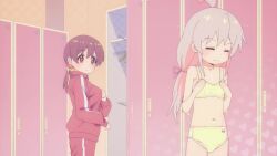 2girls ahoge animated anime_screenshot arms_under_breasts back blue_skirt blush bra breast_envy breasts brown_hair cleavage close-up closed_eyes collarbone genderswap genderswap_(mtf) hands_on_own_chest highres inconvenient_breasts indoors jacket large_breasts locker locker_room long_hair long_sleeves multiple_girls murosaki_miyo navel onii-chan_wa_oshimai! open_clothes open_mouth open_shirt oppai_loli oyama_mahiro panties red_eyes red_jacket school_uniform shirt skirt small_breasts sound sportswear standing stomach striped_bra striped_clothes suspender_skirt suspenders thighs track_jacket track_suit underwear undressing unworn_shirt unworn_skirt video white_shirt yellow_bra yellow_panties zipper zipper_pull_tab