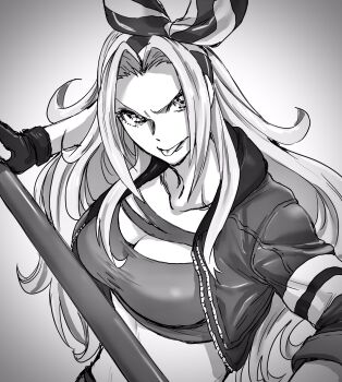 1girl breasts cleavage commentary crop_top cropped_jacket fatal_fury furrowed_brow greyscale hairband hashtag-only_commentary highres holding holding_polearm holding_weapon kudou_masashi large_breasts long_hair midriff monochrome polearm pretty_billy_kane solo striped_clothes striped_hairband the_king_of_fighters the_king_of_fighters_all-stars tongue tongue_out upper_body weapon