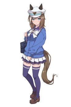 1girl animal_ears bag blue_cardigan blue_eyes blush bow bowtie breasts brown_hair cardigan cheval_grand_(umamusume) closed_mouth commentary_request ear_covers ears_through_headwear full_body hair_between_eyes hat hat_belt highres horse_ears horse_girl horse_tail long_hair looking_at_viewer multicolored_hair peaked_cap peperoncino-sama pleated_skirt purple_sailor_collar purple_serafuku purple_shirt purple_skirt sailor_collar sailor_shirt school_bag school_uniform serafuku shirt shoes simple_background skirt solo streaked_hair tail tracen_school_uniform umamusume white_background white_bow white_bowtie white_hair white_hat white_skirt