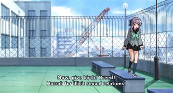 10s 1boy 1girl animated animated_gif black_hair hair_ribbon hiiragi_shinoa hyakuya_yuuichirou owari_no_seraph purple_hair ribbon school_uniform subtitled