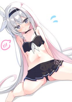 1girl absurdres bikini bikini_skirt black_bikini black_choker black_eyes black_hairband blue_archive braid choker colored_inner_hair dutch_angle flying_sweatdrops hairband hanakoizumi_yoruno highres looking_at_viewer multicolored_hair navel no_halo plana_(blue_archive) red_pupils ribbon simple_background single_braid sitting solo spoken_blush stomach swimsuit wariza white_background white_ribbon