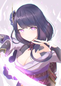 1girl absurdres asymmetrical_sleeves back_bow blunt_bangs blurry blush bow braid breasts bridal_gauntlets cleavage clothing_cutout commentary depth_of_field electricity genshin_impact glowing glowing_eyes hair_ornament highres huge_breasts japanese_clothes kimono long_braid mitsudomoe_(shape) mizuhi_kou neck_ribbon no_mole off_shoulder parted_lips powering_up purple_background purple_eyes purple_hair purple_kimono raiden_shogun red_ribbon red_sash ribbon sash shade shoulder_cutout single_braid solo tomoe_(symbol) uneven_sleeves upper_body wide_sleeves
