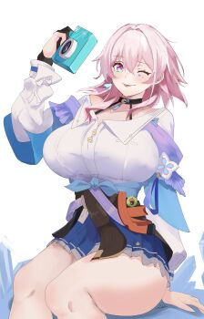 1girl ;p absurdres alternate_breast_size_(larger) black_choker black_gloves blue_jacket blue_ribbon blue_skirt breasts camera choker closed_mouth collarbone cross cross_facial_mark earrings facial_mark gloves gradient_clothes gradient_jacket gradient_ribbon hair_between_eyes hair_intakes hand_up heart heart_facial_mark highres holding holding_camera honkai:_star_rail honkai_(series) huge_breasts jacket jewelry knees legs long_sleeves looking_at_viewer march_7th_(honkai:_star_rail) march_7th_(preservation)_(honkai:_star_rail) medium_hair multicolored_jacket one_eye_closed partially_fingerless_gloves pink_eyes pink_hair pink_ribbon pleated_skirt purple_jacket ribbon ribbon_earrings s4ika shirt signature simple_background single_earring sitting skirt smile solo thighs tied_jacket tongue tongue_out two-tone_jacket two-tone_ribbon white_background white_shirt