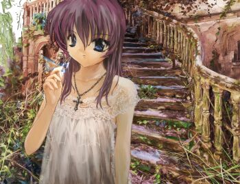 1girl 2000s_(style) 2fulun blue_eyes cross cross_necklace dress expressionless faux_retro_artstyle highres jewelry lace_trim long_hair looking_at_viewer necklace original outdoors purple_hair sleeveless sleeveless_dress solo stairs white_dress
