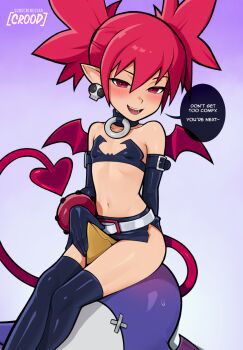 1girl :d artist_name ass bare_shoulders bat_wings belt belt_buckle between_breasts bird black_bra black_gloves black_thighhighs blush bra breasts buckle choker crossed_ankles demon_girl demon_tail demon_wings disgaea earrings elbow_gloves etna_(disgaea) feet_out_of_frame gloves gradient_background hair_between_eyes highres jewelry loli loodncrood looking_at_viewer makai_senki_disgaea_2 medium_hair midriff mini_wings miniskirt narrowed_eyes naughty_face navel o-ring o-ring_choker o-ring_collar open_mouth penguin pointy_ears prinny purple_background red_eyes red_hair red_tail red_wings shiny_skin side_slit sitting sitting_on_face sitting_on_person skirt skull_earrings slit_pupils small_breasts smile solo strapless strapless_bra subscribestar_username sweatdrop tail thigh_focus thighhighs twintails underwear white_background white_belt wings