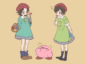 Rule 34 | adeleine, ado (kirby), beret, black hair, black socks, brown shoes, colored skin, dual persona, flying sweatdrops, gtcockroach, hat, highres, holding, holding paint palette, holding paintbrush, kirby, kirby's dream land 3, kirby (series), kirby 64, nintendo, paint palette, paintbrush, pink skin, red hat, shoes, simple background, smock, socks