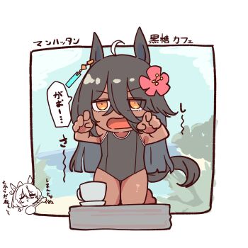 2girls :&gt; agnes_tachyon_(umamusume) ahoge animal_ears bare_arms bare_legs bare_shoulders barefoot black_hair black_one-piece_swimsuit blue_sky brown_eyes chibi claw_pose closed_eyes cloud commentary_request cup day flower hair_between_eyes hair_flower hair_ornament hibiscus highres horse_ears horse_girl horse_tail instrument kawamochi_(kawauti919) kneeling long_hair manhattan_cafe_(umamusume) multicolored_hair multiple_girls one-piece_swimsuit open_mouth parted_lips red_flower saucer sky smile solo_focus swimsuit tail tan translation_request triangle_mouth two-tone_hair umamusume very_long_hair white_hair