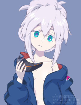 1girl 32zzz artist_name blue_jacket breasts closed_mouth commentary deux_murasame dot_nose double-parted_bangs freckles green_eyes grey_background grey_hair gundam gundam_gquuuuuux hair_between_eyes hair_bun hand_up head_tilt highres holding holding_mask jacket loli long_sleeves looking_at_viewer mask mouth_mask naked_jacket off_shoulder open_clothes open_jacket puffy_long_sleeves puffy_sleeves purple_pupils simple_background single_hair_bun small_breasts solo unworn_mask upper_body watermark