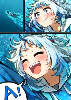 1girl a_(phrase) blue_eyes blue_hair ddolbang gawr_gura gawr_gura_(1st_costume) grey_hair hair_ornament highres hololive hololive_english multicolored_hair open_mouth shark_hair_ornament sharp_teeth solo streaked_hair teeth two_side_up underwater virtual_youtuber