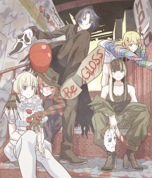5girls a_nightmare_on_elm_street ahoge alternate_costume balloon bare_shoulders bent_over black_gloves black_hair black_hat black_pants black_shirt black_sweater blonde_hair blood blood_on_clothes blood_on_shoes blood_writing bloody_knife blue_eyes blue_hair blunt_bangs child&#039;s_play chucky chucky_(cosplay) claw_(weapon) closed_mouth clothes_writing clown commentary_request copyright_name cosplay fedora fortissimo freddy_krueger freddy_krueger_(cosplay) ghostface ghostface_(cosplay) gloves green_pants grey_hair hair_ornament halloween halloween_(movie) hat high_heels highres hiodoshi_ao holding holding_knife holding_mask hololive hololive_dev_is hood hood_up ichijou_ririka it_(stephen_king) jacket jacket_partially_removed juufuutei_raden knife long_hair long_sleeves looking_at_viewer mask michael_myers michael_myers_(cosplay) multicolored_hair multiple_girls musical_note musical_note_hair_ornament neck_ruff orange_eyes orange_hair otonose_kanade pants pennywise pennywise_(cosplay) red_sweater regloss_(hololive) scream_(movie) shirt shoes short_hair sitting sitting_on_stairs sleeveless sleeveless_shirt smile stairs standing standing_on_one_leg striped_clothes striped_sweater sweater tauyoshi728 todoroki_hajime two-tone_hair two_side_up virtual_youtuber weapon yellow_eyes